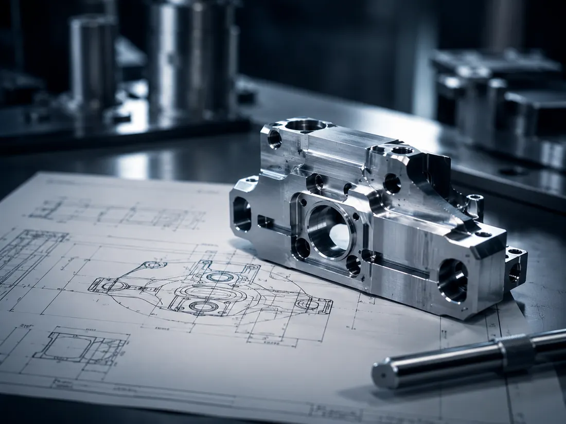 Componente in alluminio lavorato da TML appoggiato sul disegno tecnico di produzione